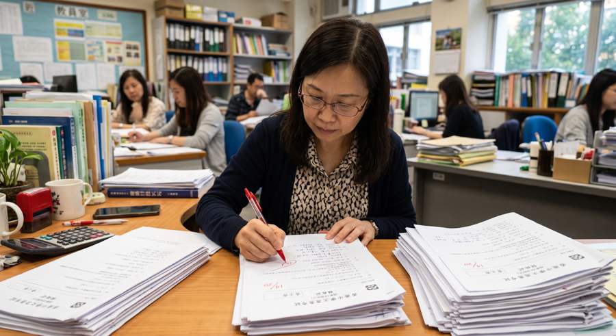 資深閱卷員以紅筆批改試卷